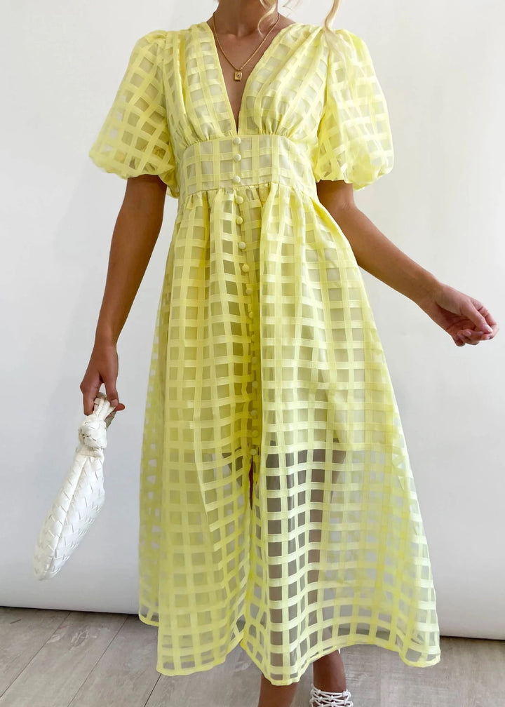 Olive's Patterned Fabric Puff Sleeve Midi Dress