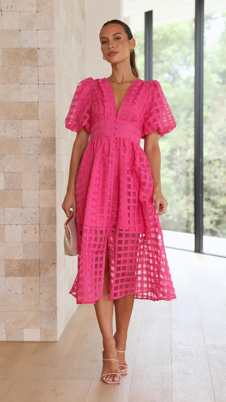 Olive's Patterned Fabric Puff Sleeve Midi Dress