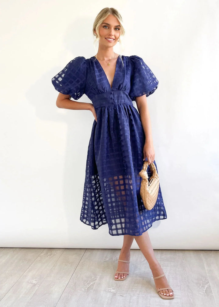 Olive's Patterned Fabric Puff Sleeve Midi Dress