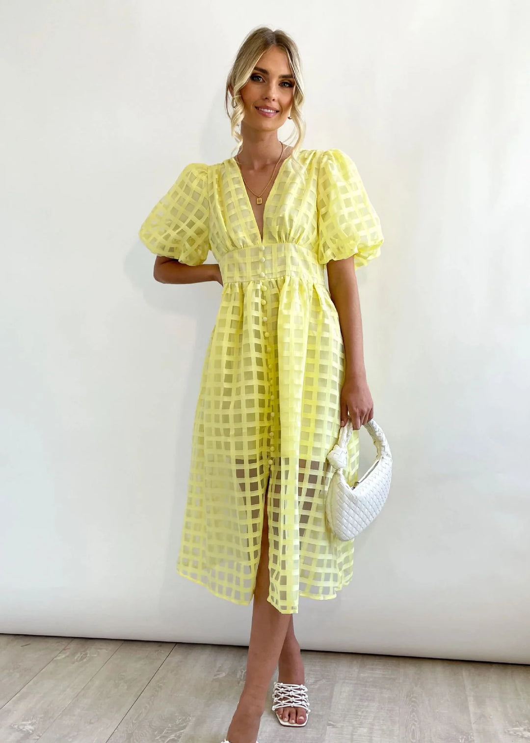 Olive's Patterned Fabric Puff Sleeve Midi Dress