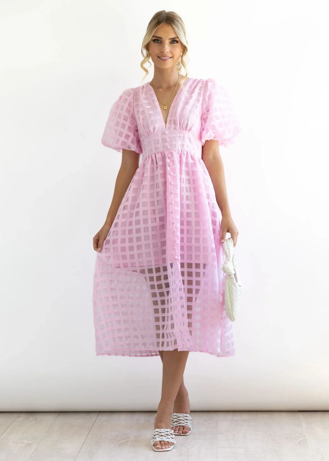 Olive's Patterned Fabric Puff Sleeve Midi Dress