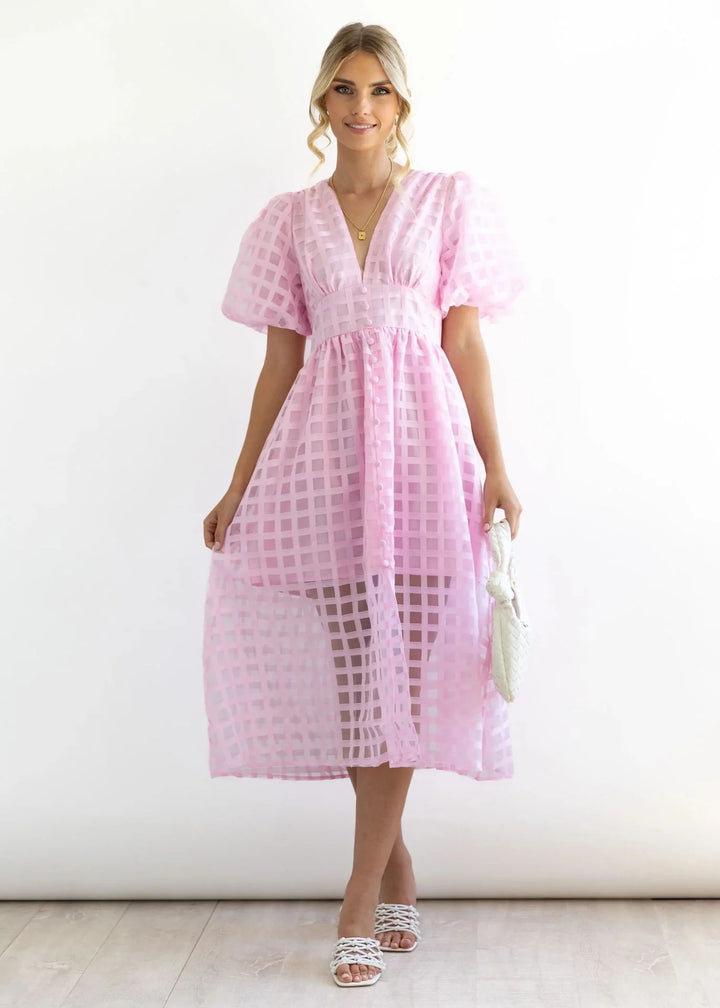 Olive's Patterned Fabric Puff Sleeve Midi Dress