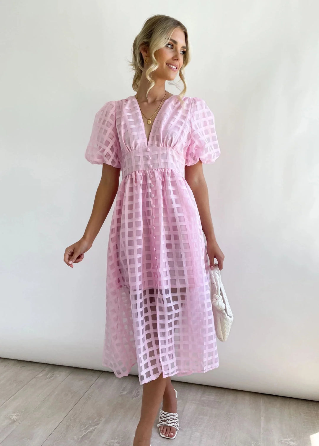 Olive's Patterned Fabric Puff Sleeve Midi Dress