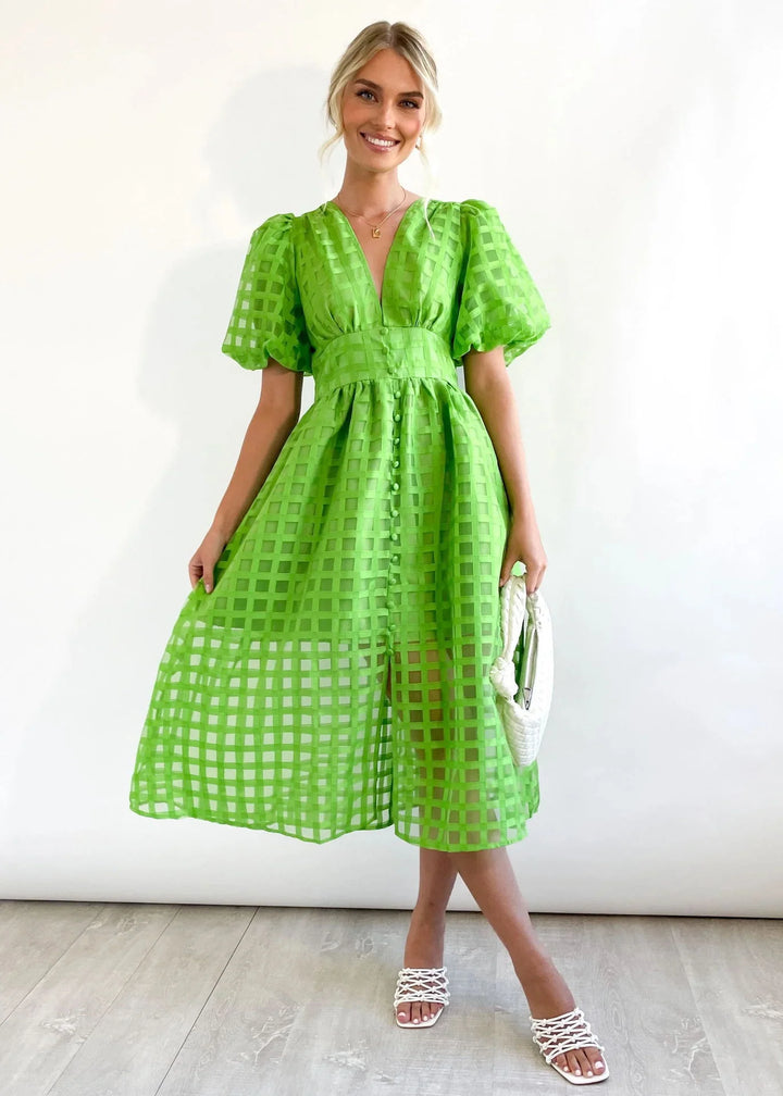 Olive's Patterned Fabric Puff Sleeve Midi Dress