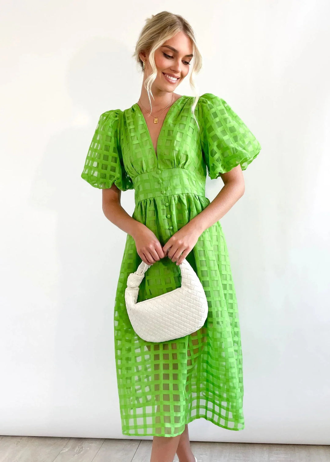 Olive's Patterned Fabric Puff Sleeve Midi Dress
