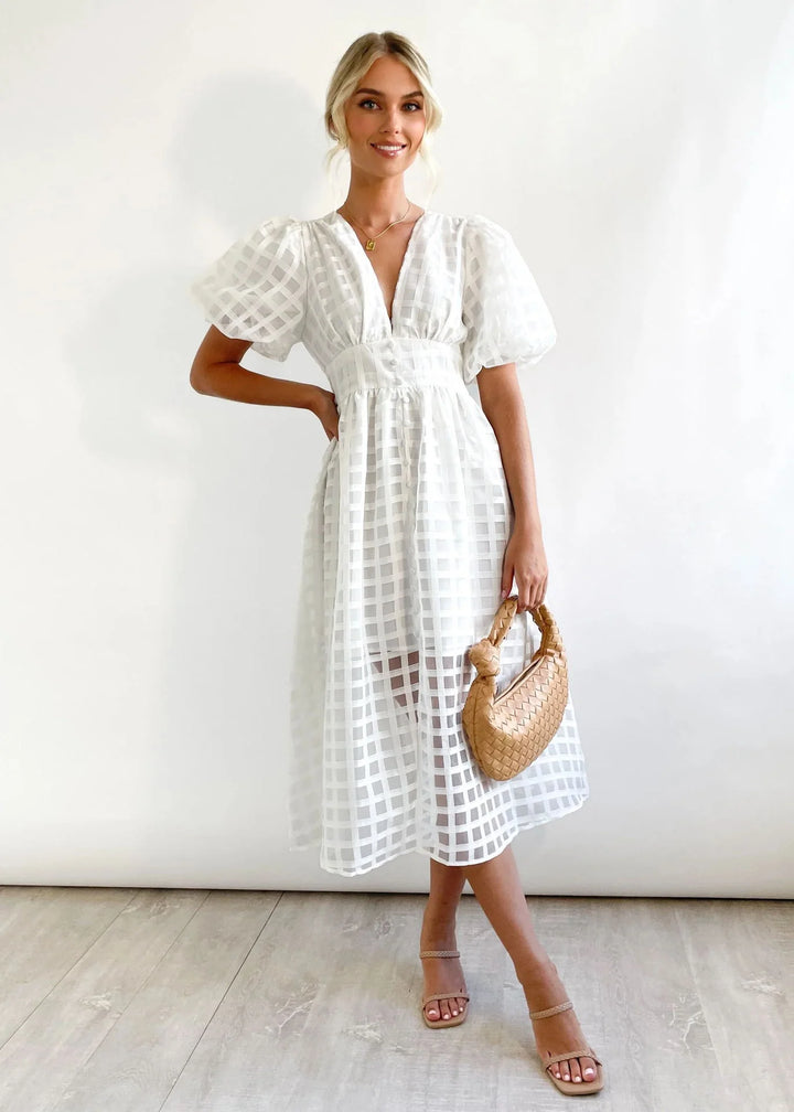 Olive's Patterned Fabric Puff Sleeve Midi Dress