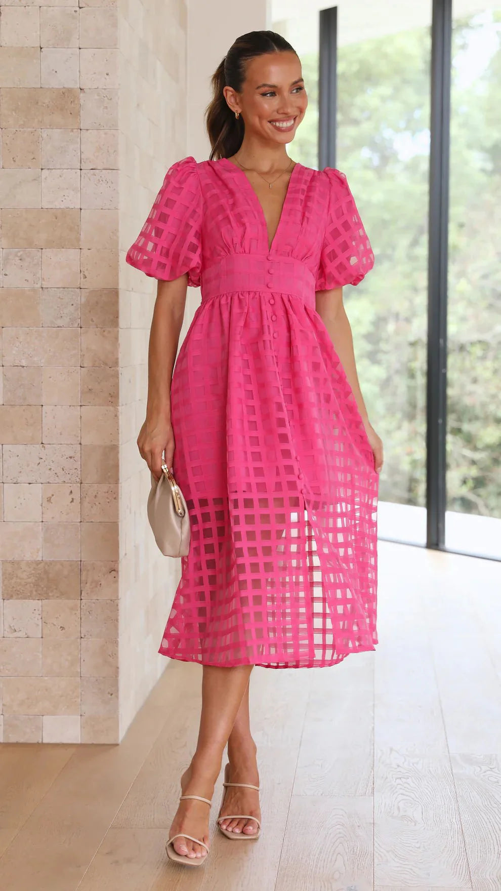 Olive's Patterned Fabric Puff Sleeve Midi Dress