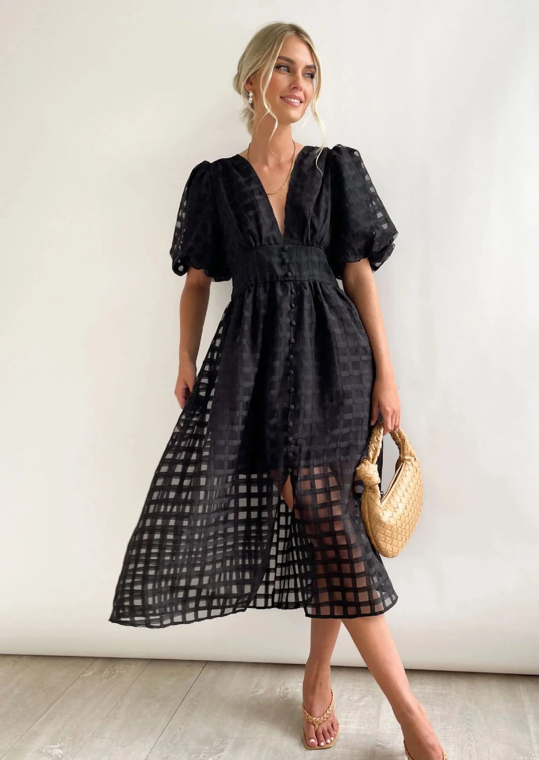 Olive's Patterned Fabric Puff Sleeve Midi Dress