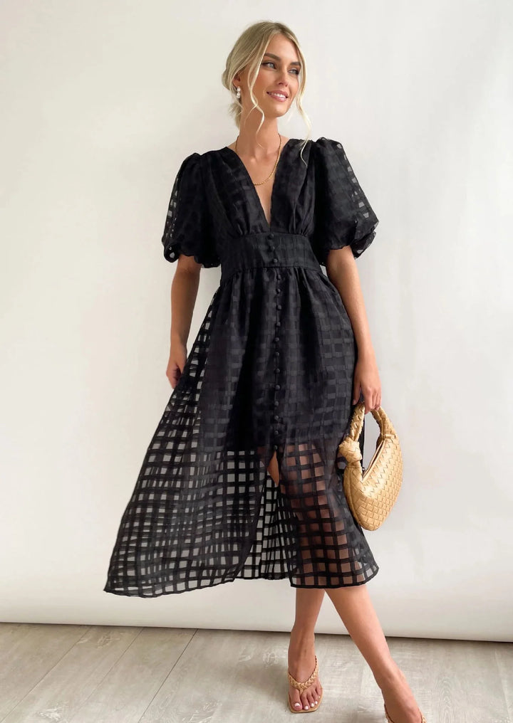 Olive's Patterned Fabric Puff Sleeve Midi Dress