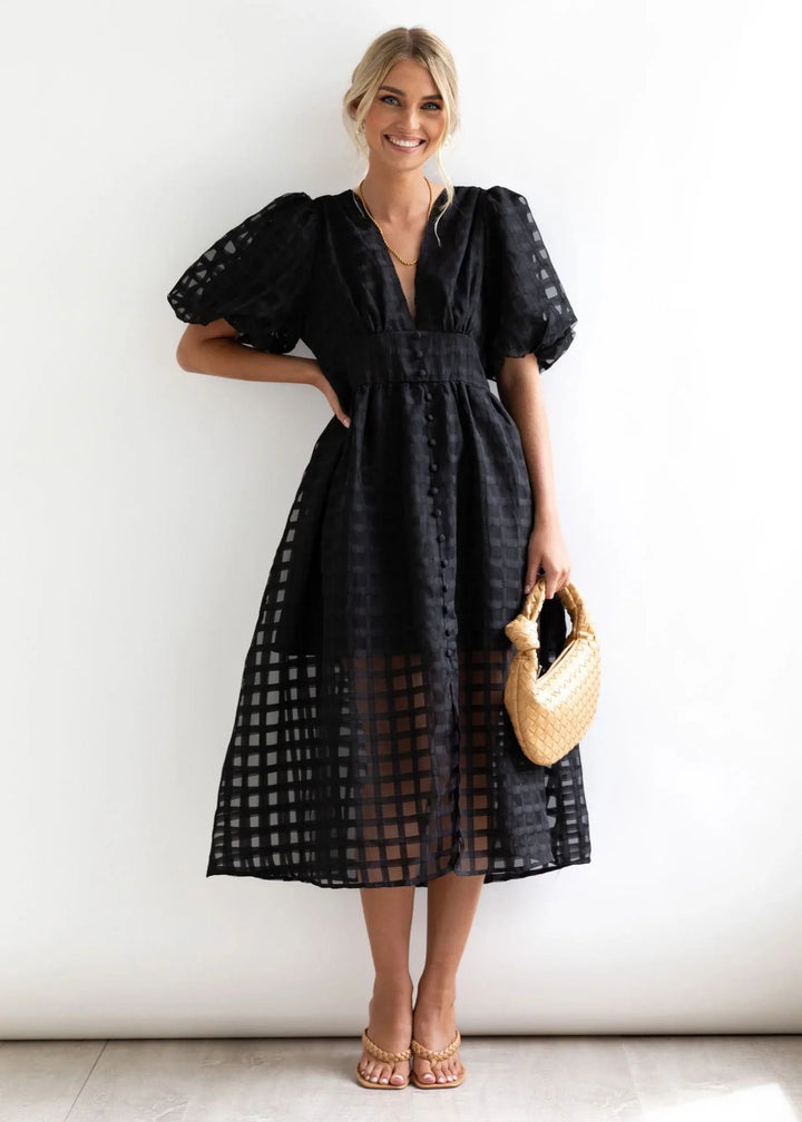 Olive's Patterned Fabric Puff Sleeve Midi Dress
