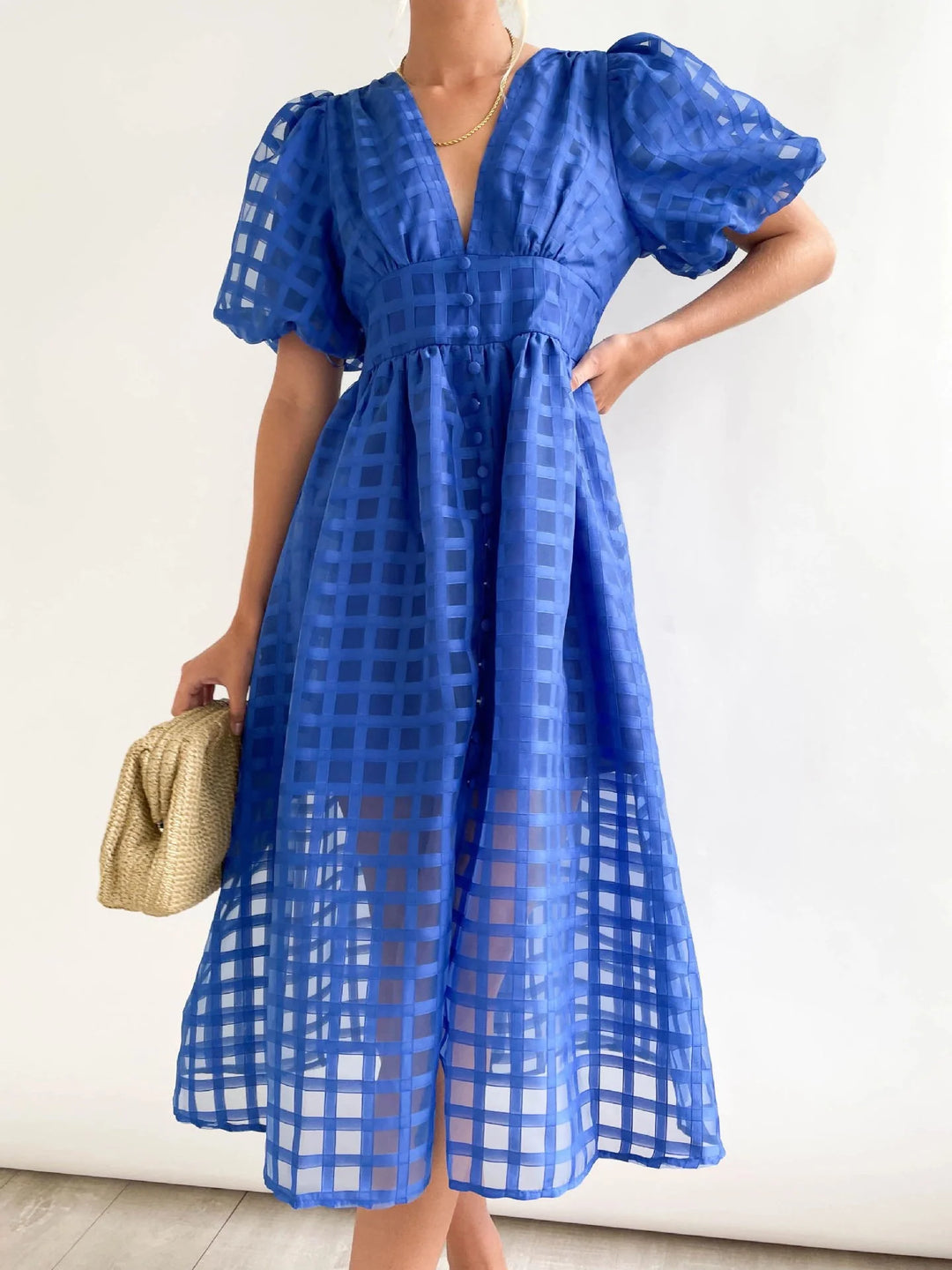 Olive's Patterned Fabric Puff Sleeve Midi Dress