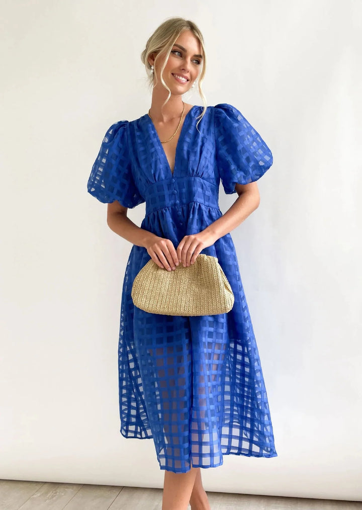 Olive's Patterned Fabric Puff Sleeve Midi Dress