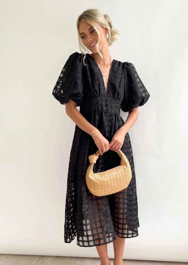 Olive's Patterned Fabric Puff Sleeve Midi Dress