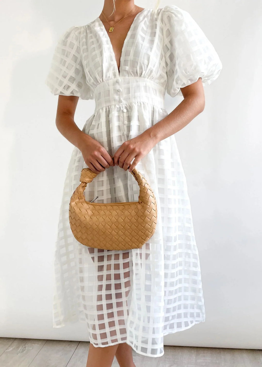 Olive's Patterned Fabric Puff Sleeve Midi Dress