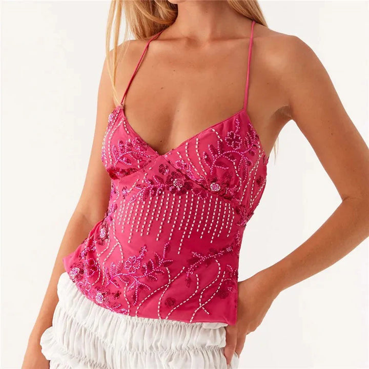 Olive's Midnight Bloom Beaded Mesh Cami Top