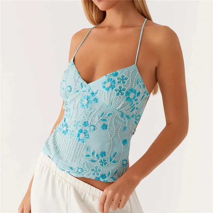 Olive's Midnight Bloom Beaded Mesh Cami Top