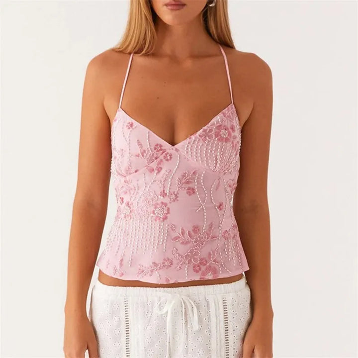 Olive's Midnight Bloom Beaded Mesh Cami Top