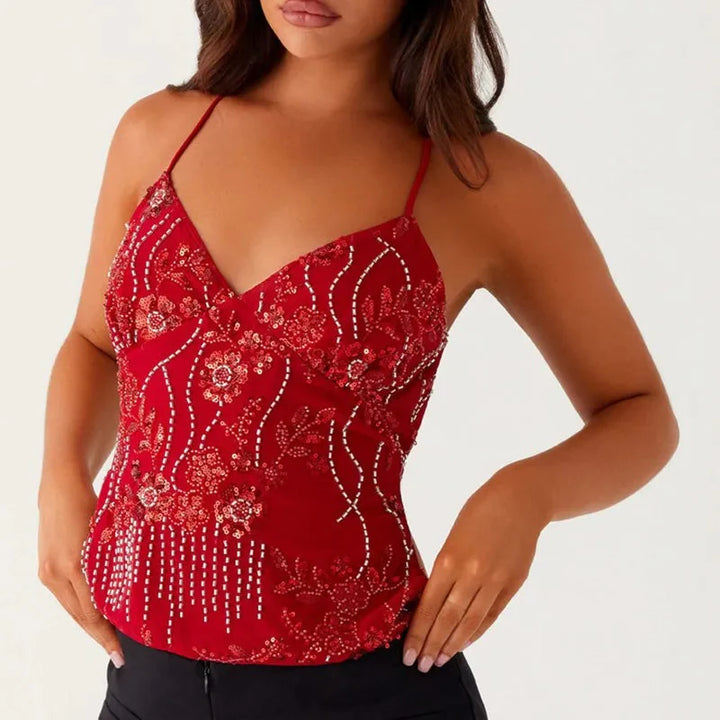 Olive's Midnight Bloom Beaded Mesh Cami Top